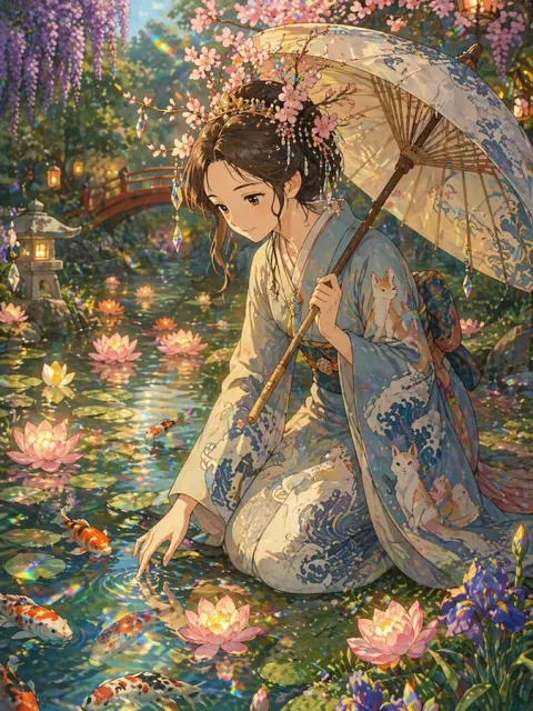 Dreamy Kimono Woman by a Koi Pond