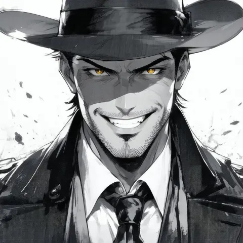 Cheerful Mafia Man in Monochrome Anime Fedora
