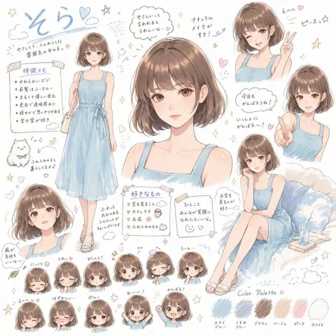 Pastel Bob-Haired Girl Character Sheet