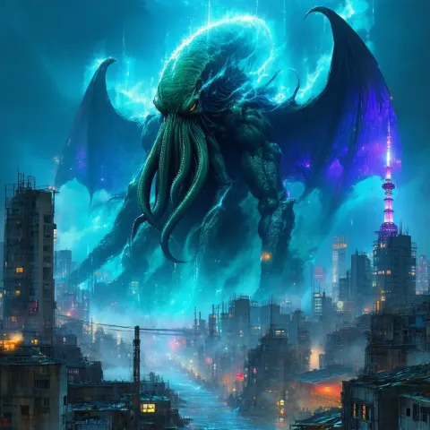 Cthulhu Looming Over Ruined Neo Tokyo