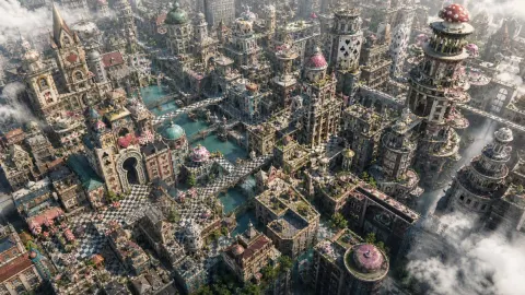 Fantasy Whimsical Downtown Aerial View