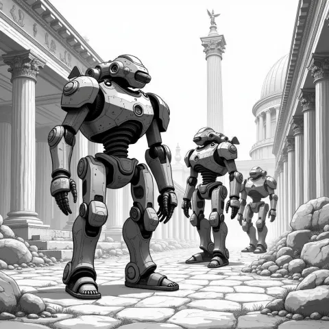 Steampunk Robots Marching Through Ancient Rome