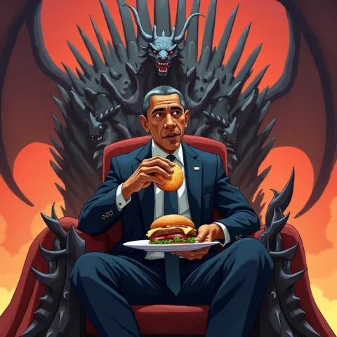 Obama Eating a Cheeseburger on Iron Throne