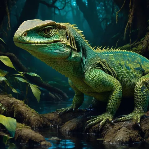 Handsome Werelizard in a Magical Night Swamp