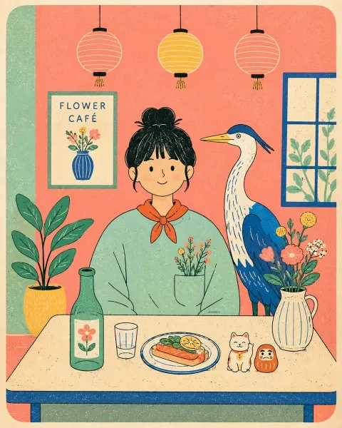 Risograph Style Cafe Illustration