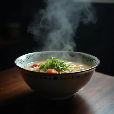 Steaming Bowl of Pho in Moody Shadows