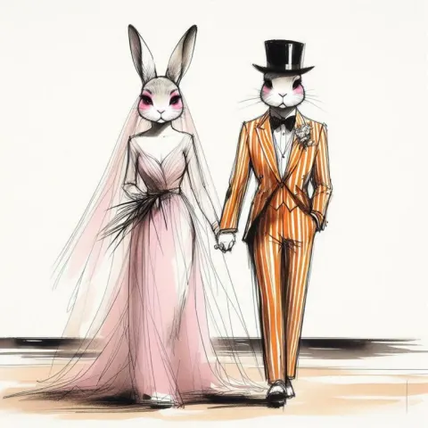 Whimsical Beach Rabbit Wedding Scene