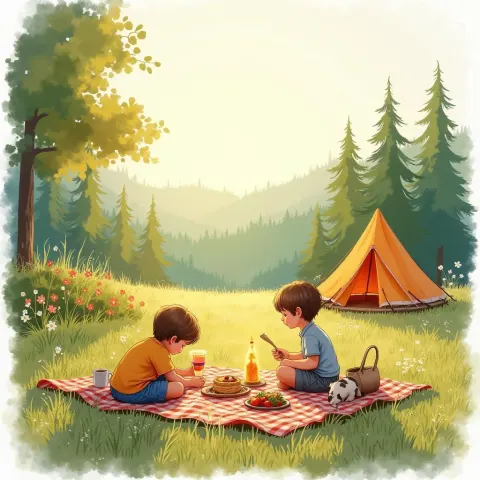Storybook Meadow Picnic in Golden Watercolor Light