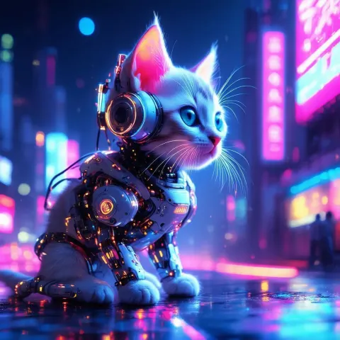 Darkwave Neon Kitten With Cybernetic Enhancements