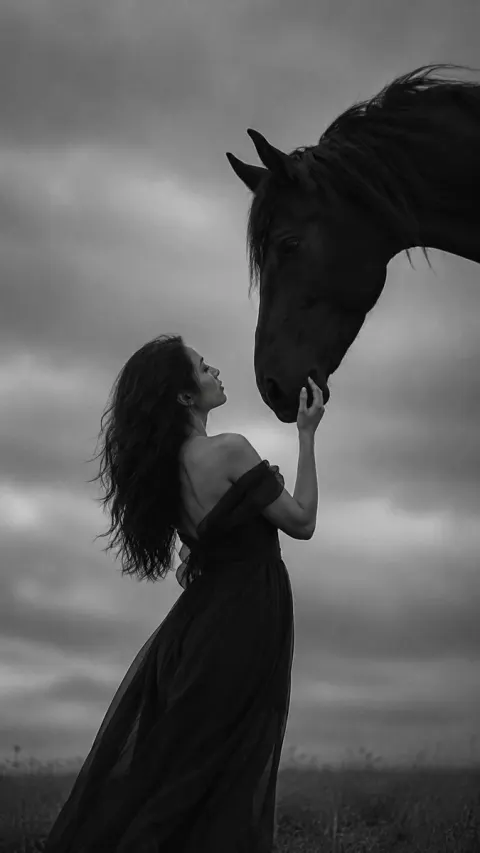 Monochrome Woman and Black Horse