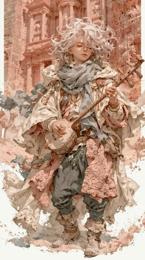 Ethereal Androgynous Musician in Ancient Ruins