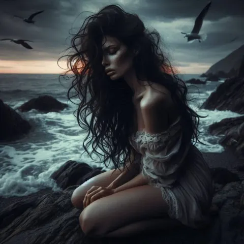 Curvy Woman on Rocky Shoreline Sunset