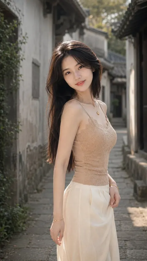 Hyper-realistic East Asian Fashion Portrait in Ancient Village