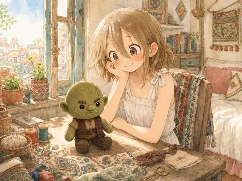 Girl Sewing Goblin Plush