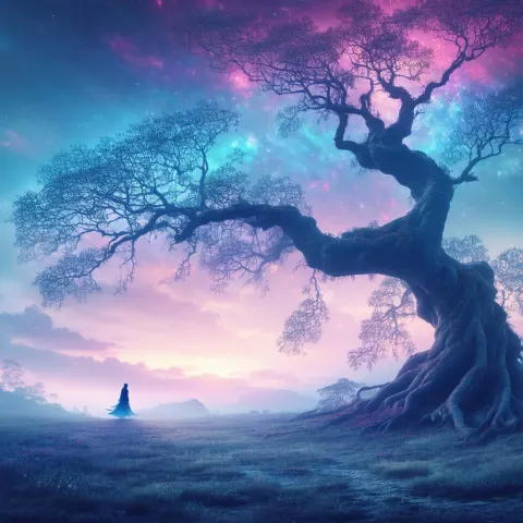 Gnarled Tree and Mystic Under Gradient Skies