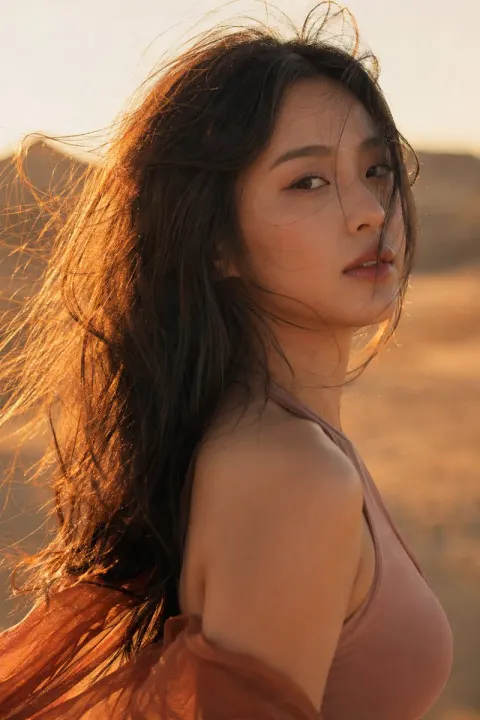 Korean Woman Golden Hour Desert Portrait