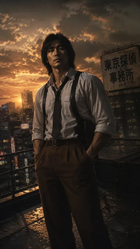 Tokyo Noir Detective Rooftop Portrait