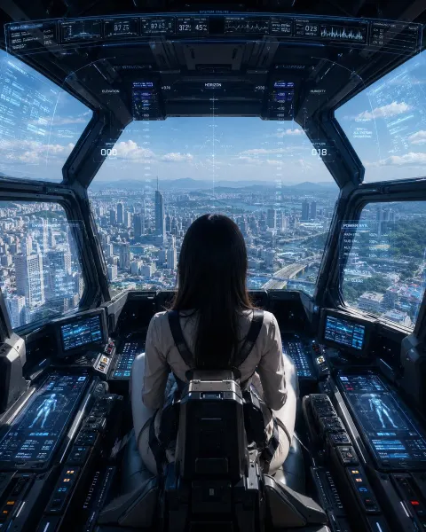 Mech Pilot Cockpit Over City