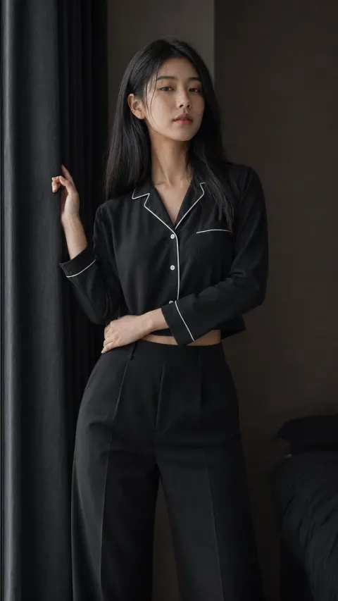 Cinematic Portrait of an East Asian Woman in a Dark Bedroom