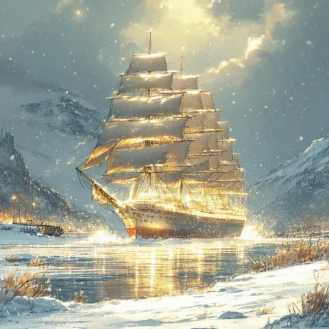 Majestic Ship Becalmed in Silent Manga Snow