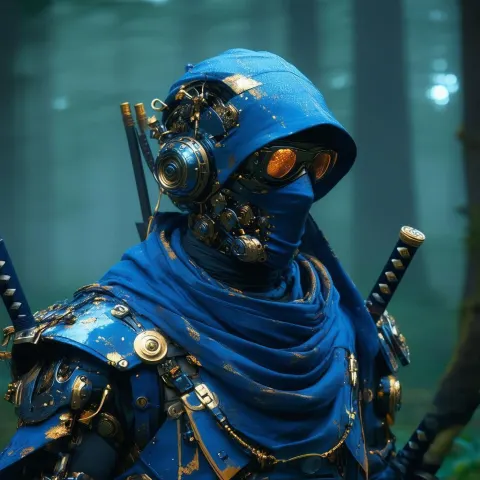 Steampunk Cyborg Ninja in Foggy Blue Forest
