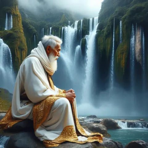 Wise Elder Meditating Beneath a Majestic Waterfall
