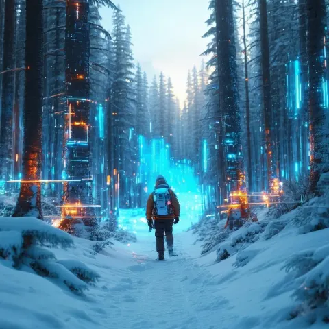 Neon Lit Adventurer in Futuristic Snowy Forest
