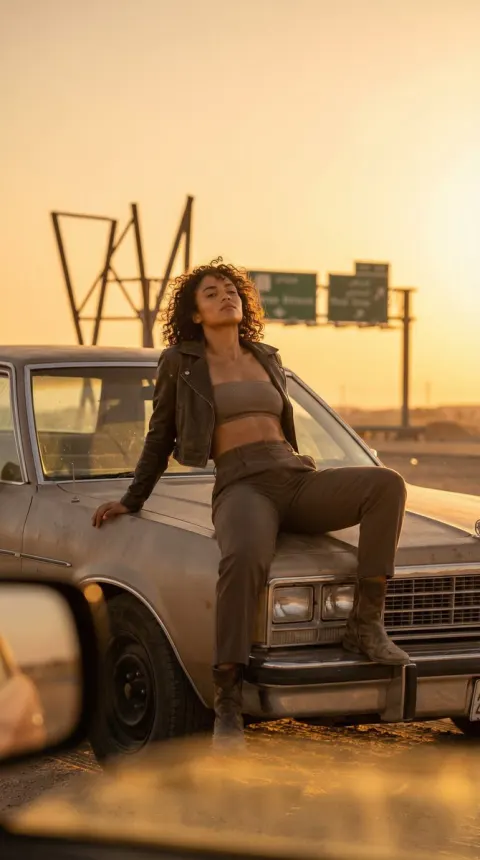Cinematic Desert Rest Stop Portrait at Golden Hour