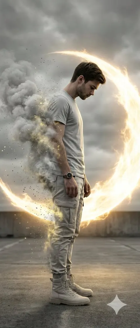 Cinematic Disintegration Portrait with Energy Aura