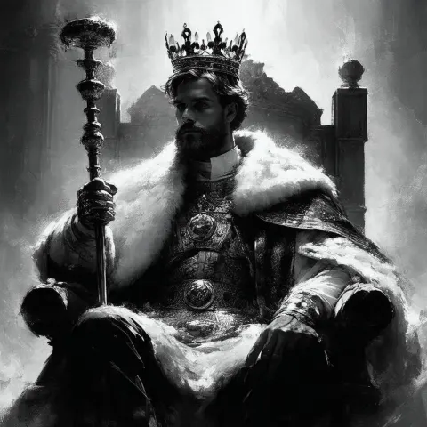 Crowned King Enthroned in Grainy Monochrome
