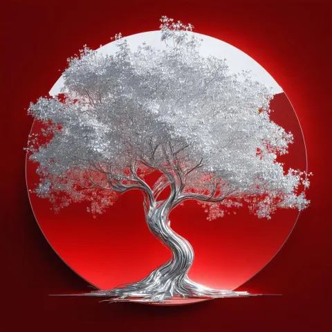 Silver Tree in Circular Crimson Chiaroscuro