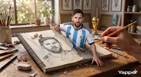 Surreal 3D Art of Messi and Ronaldo Emerging from a Sketchbook