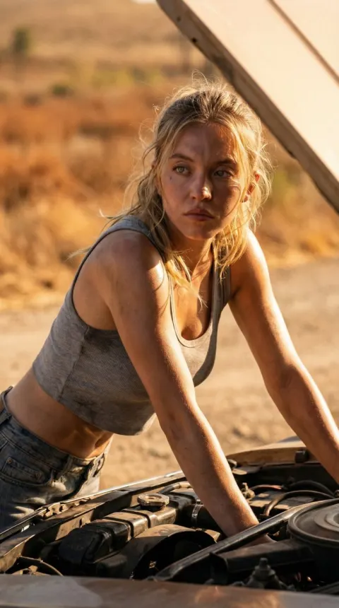 Cinematic Desert Portrait Leaning on Car Hood