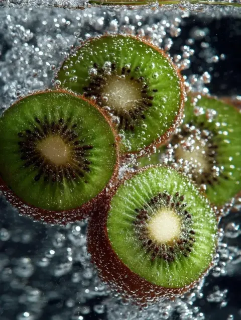 Kiwi Slices in Sparkling Water Macro Shot