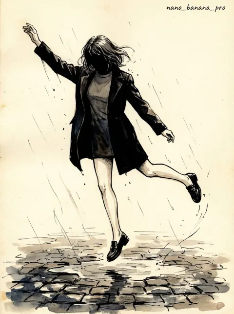 Ink pen style illustration of a woman jumping in the rain