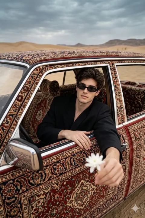 Carpet-Covered Vintage Car Fashion Shoot