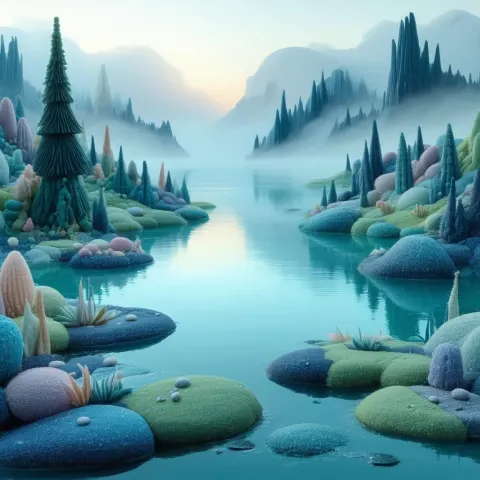Whimsical Claymation Lake in Foggy Dawn Light