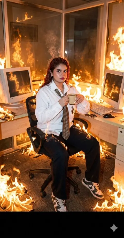 Absurdist Office Workspace Fire