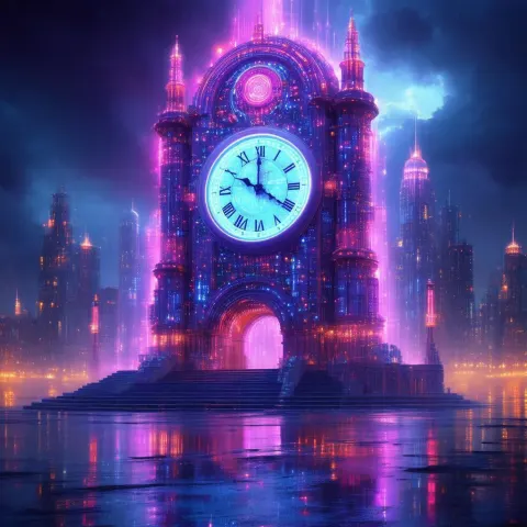 Neon Grand Clock With Intricate Cyber Circuits