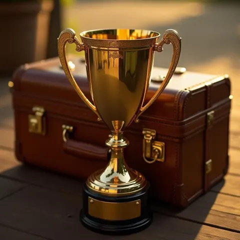 Golden Trophy Defying the Compact Brown Suitcase