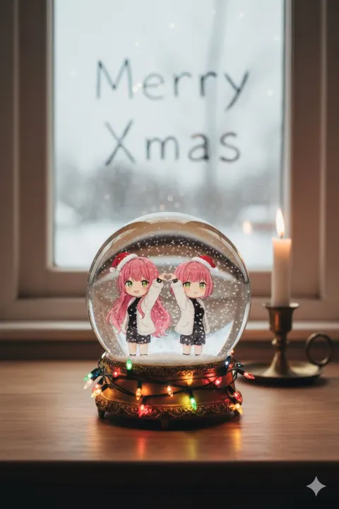 Anime Chibi Character in a Photorealistic Christmas Snow Globe
