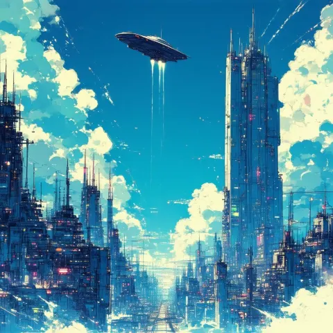 Spaceship Soaring Past a Manga Megacity Tower