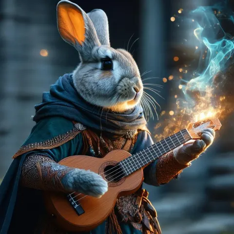 Grey Rabbitman Bard Casting Spells With Guitalele
