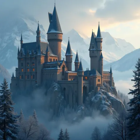 Gothic Castle Glowing Amid Drifting Mountain Snow