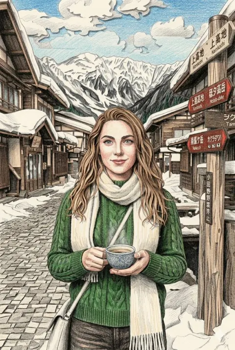 Snowy Japanese Village Winter Illustration