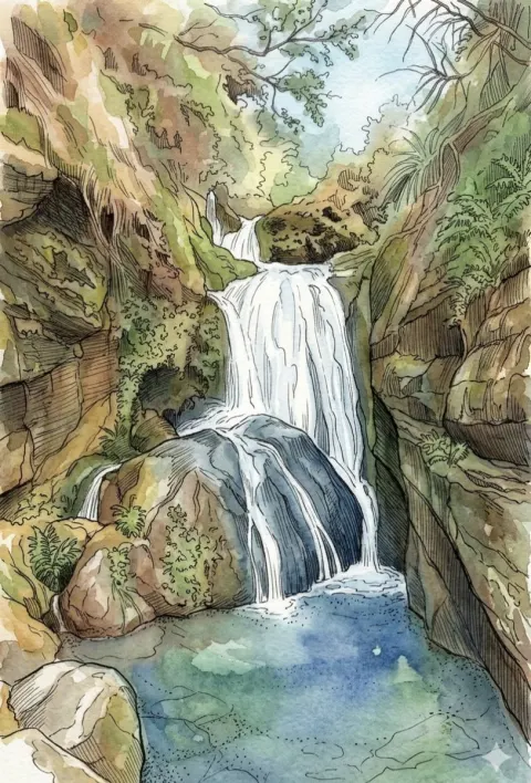 Tropical Oasis Waterfall Watercolor Illustration