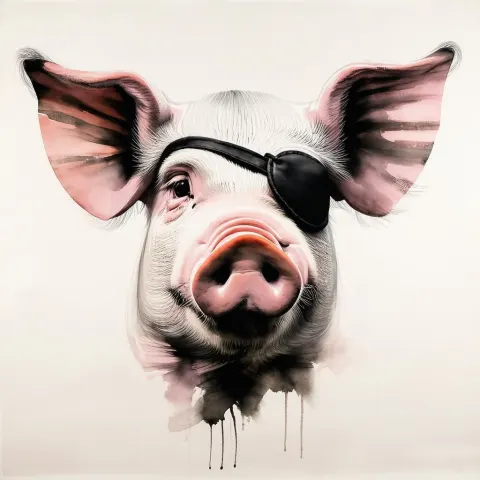Ink Wash Pig With a Pirate Eye Patch