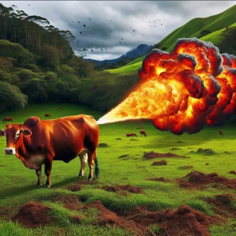 Cow Igniting Methane Gas in Pasture
