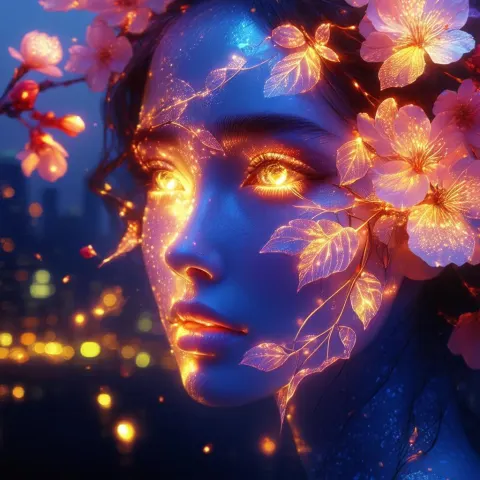 Neon Leaf Portrait in a Futuristic City