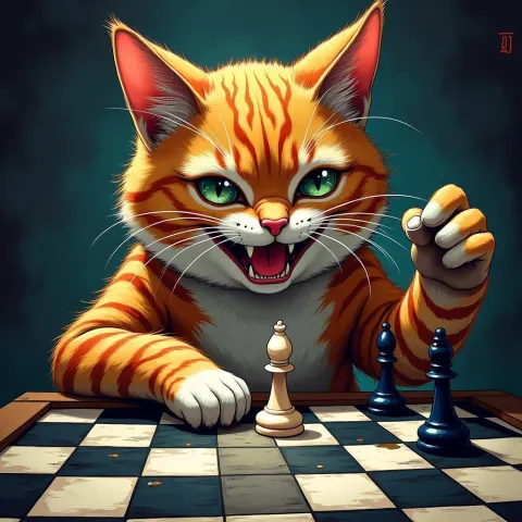 Checkers Playing Cat in Dramatic Manga Light
